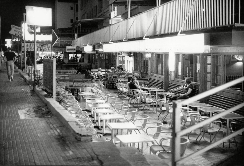 By 3am, just a handful of drinkers remained outside the bar - in start contrast to the holidaymakers of today 