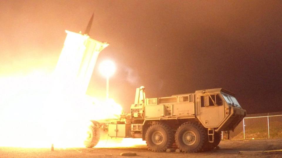 A Terminal High Altitude Area Defence (THAAD) interceptor being launched yesterday from the Pacific Spaceport Complex Alaska as the US braces itself for attack