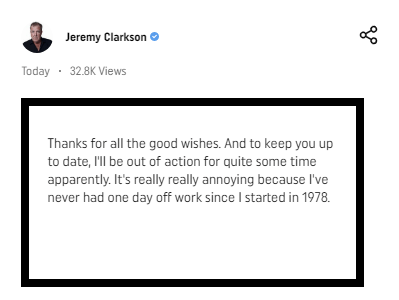 Clarkson posted this message on his website Drive Tribe today 