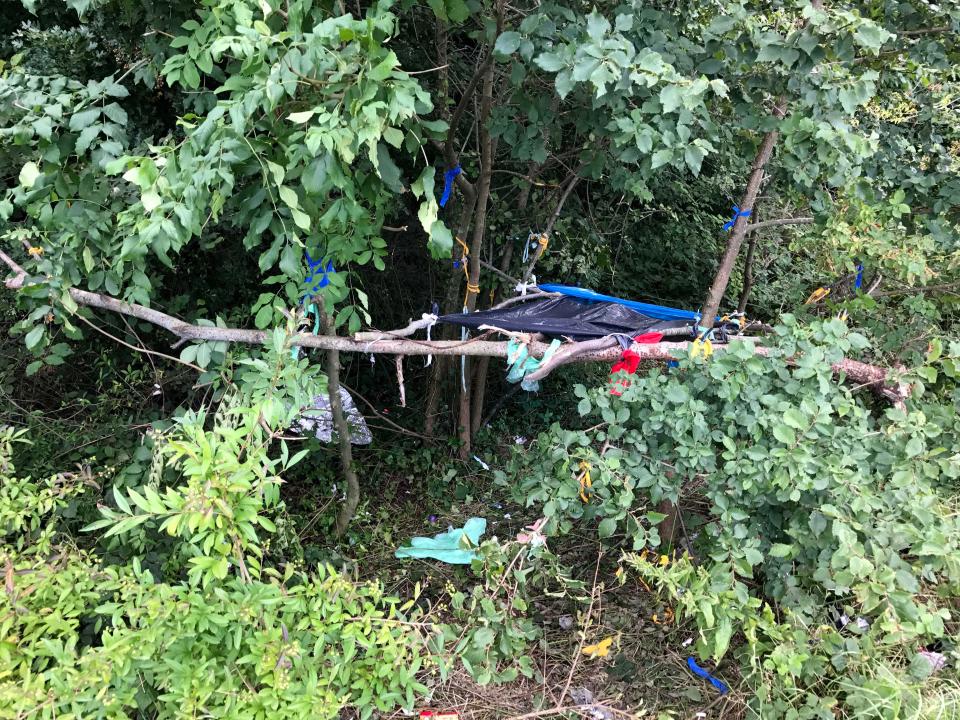  Makeshift shelters have been made between the trees in nearby woodland