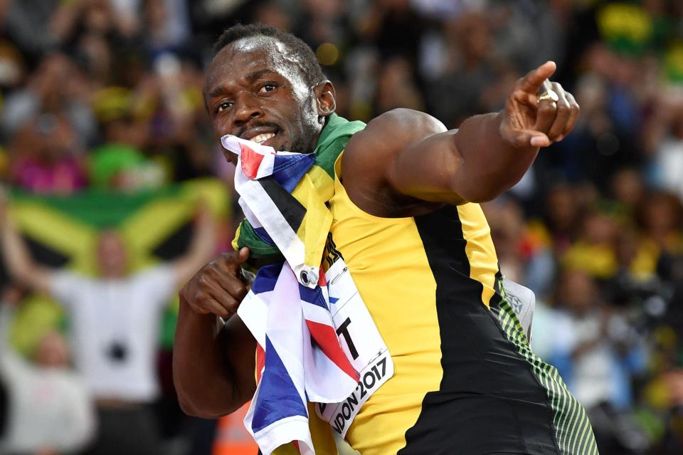 Bolt gave his trademark pose on this finish line as he waved goodbye