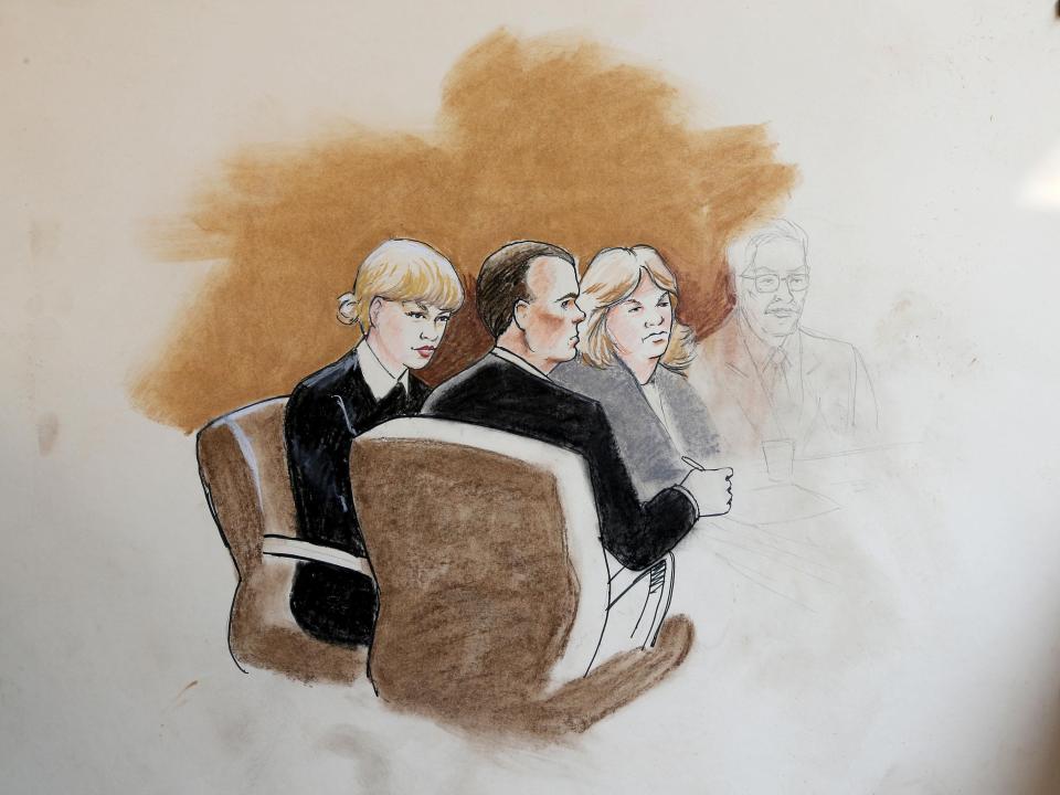  A court sketch shows Taylor Swift attending court with her legal team
