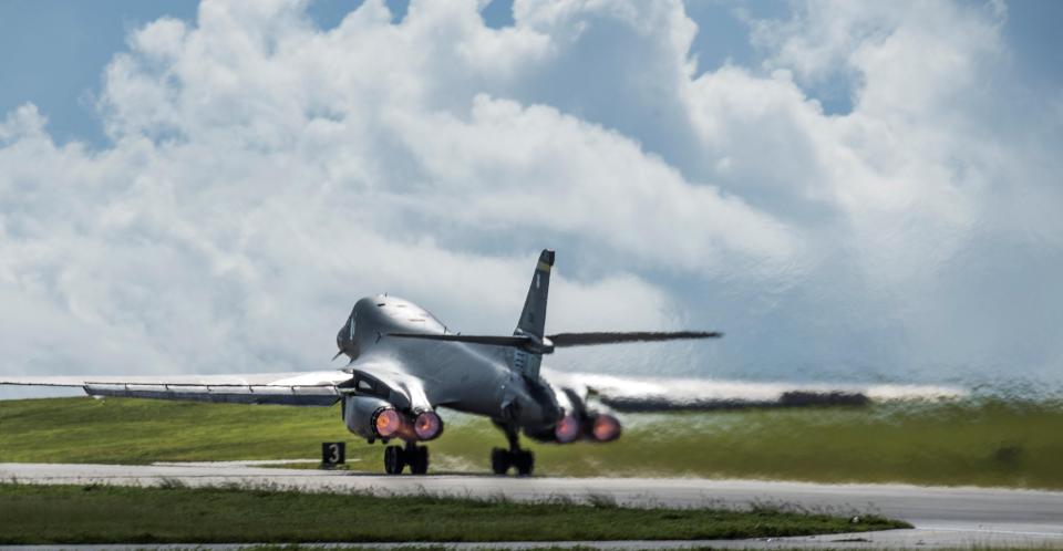 A US Air Force B-1B Lancer bomber takes off for a 10-hour mission from Andersen Air Force Base earlier this month