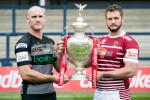Hull FC captain Gareth Ellis, left, and Wigan Warriors skipper Sean O'Loughlin pose with the Challenge Cup trophy