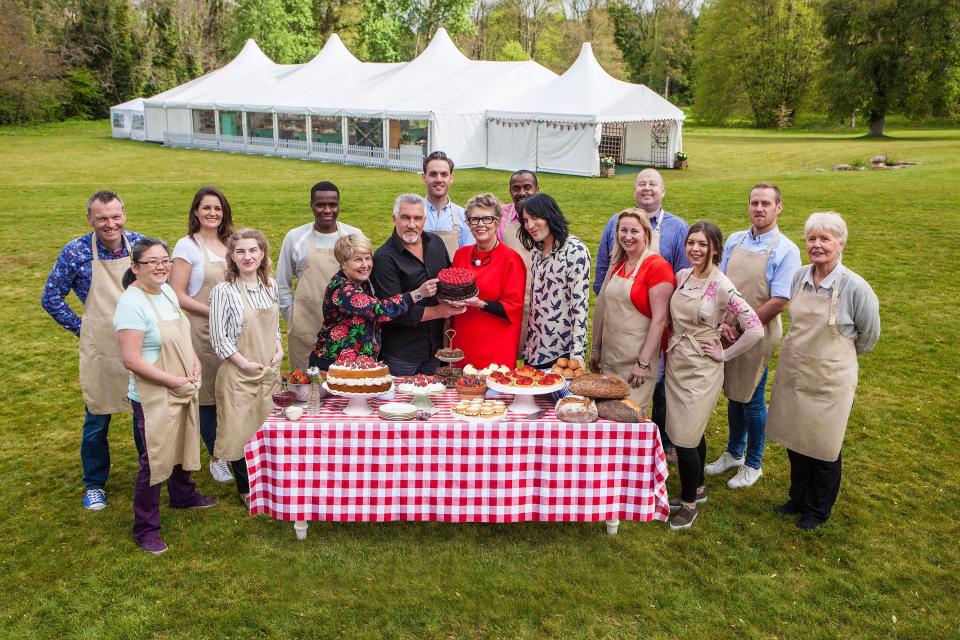 Paul Hollywood , Prue Leith, Noel Fielding and Sandi Toksvig with the 12 new Great British Baking contestants before it airs on Channel Four next week