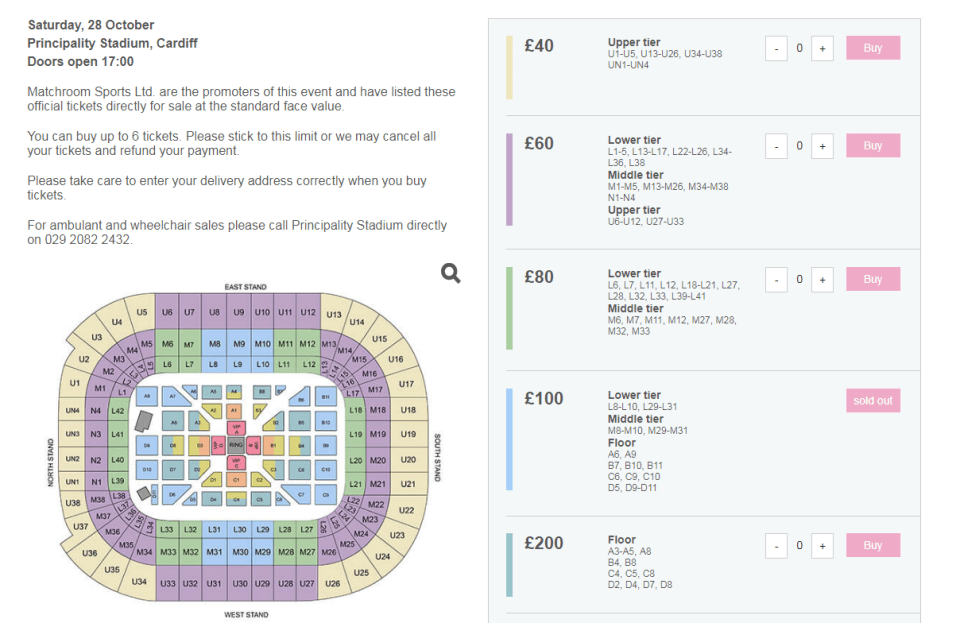 The tickets for the bout at the Principality Stadium range from £40 to £1,500