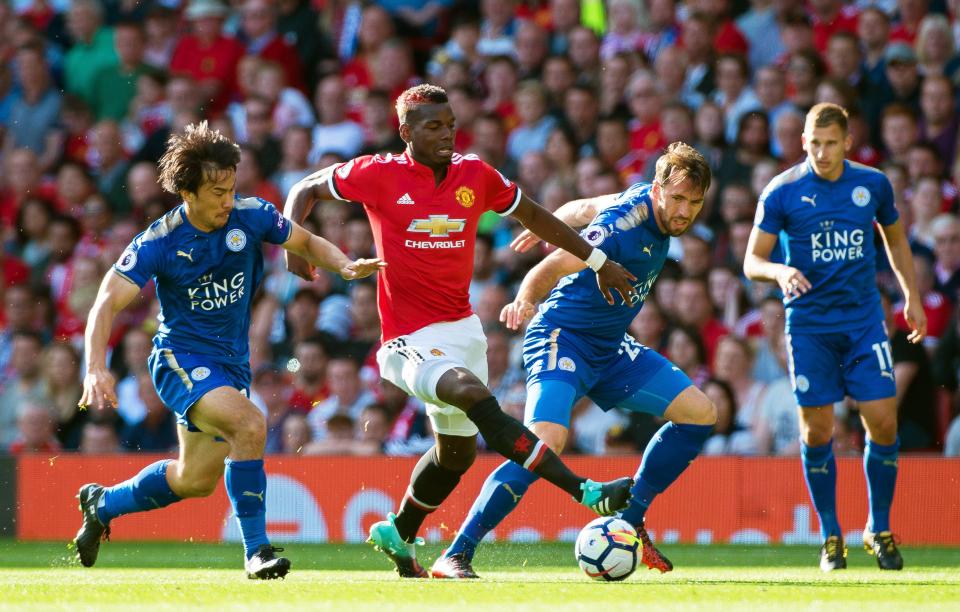 Fuchs up against Manchester United midfielder Paul Pogba last month