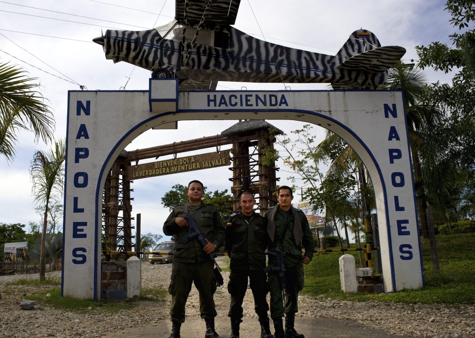  Colombian Police forces in front of the ex-entrance of Ranch Napoles, property of Pablo Escobar