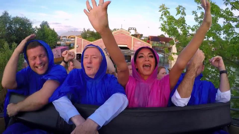 The X-Factor judges make a splash on tomorrow’s show when they join host Dermot O'Leary on the Tidal Wave ride at Thorpe Park Resort