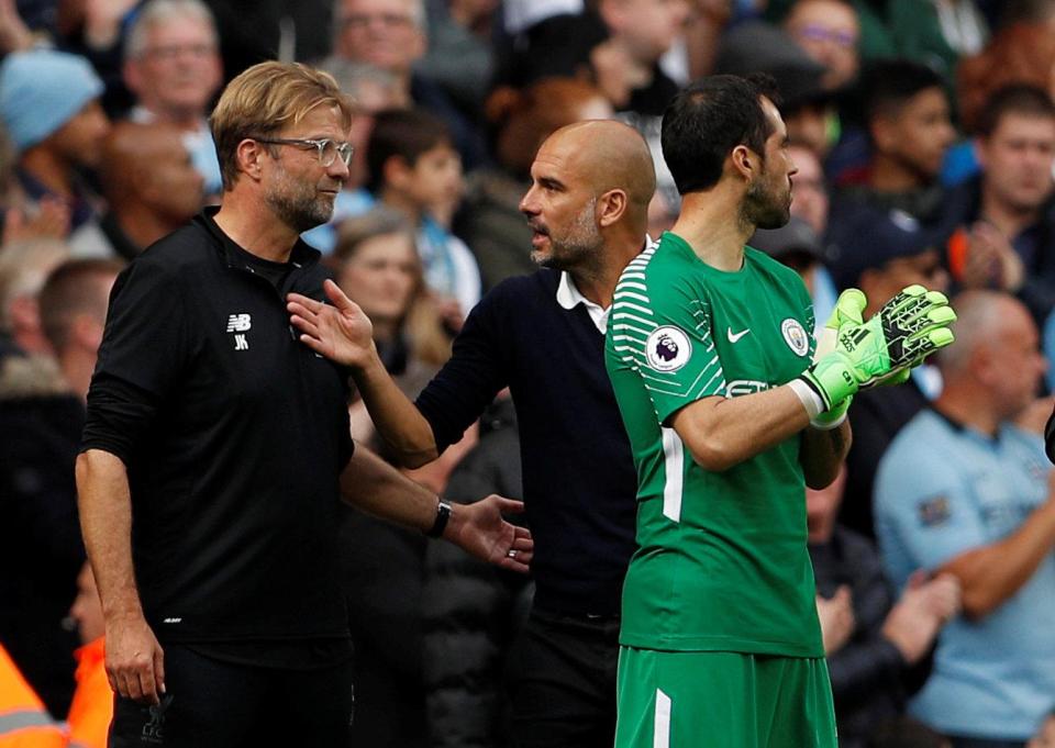  Claudio Bravo steps up to take the place of Ederson as Klopp and Guardiola debate on the touchline