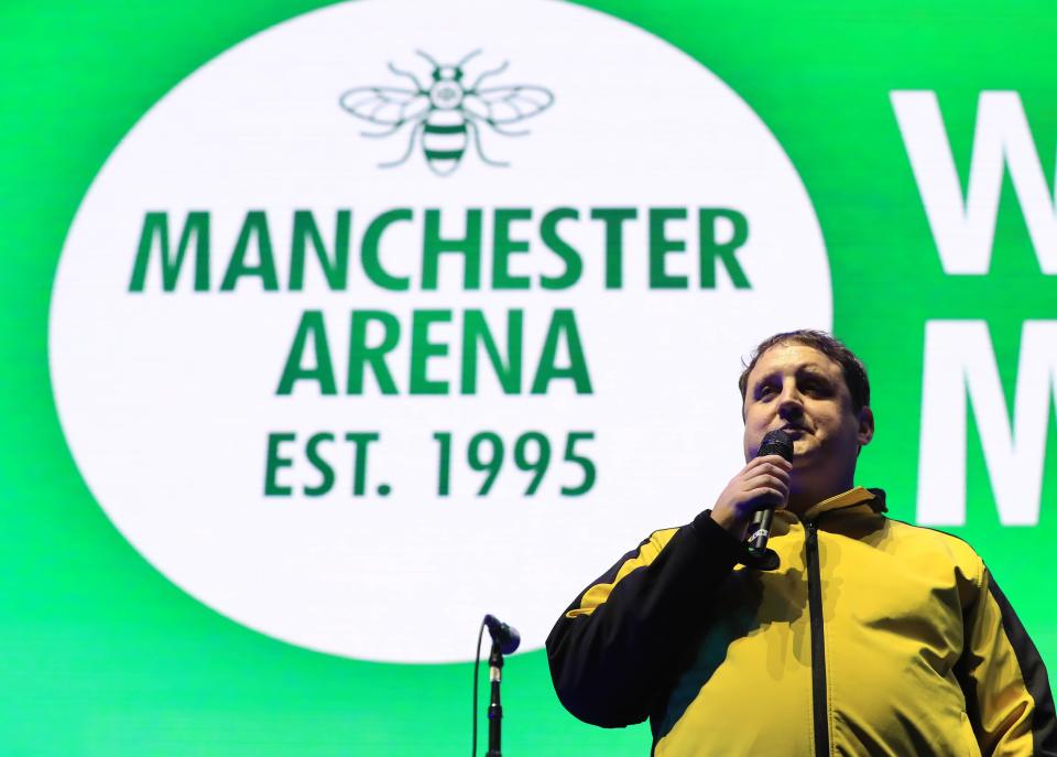 Peter Kay told concertgoers to 'move forward with love' as he introduced Noel Gallagher tonight