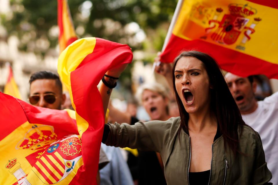  Members of xenophobic far-right party 'Platform for Catalonia' (PXC) protest in front of the city hall of Barcelona