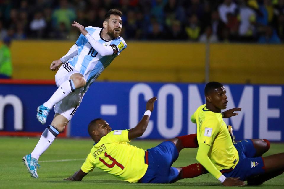 Lionel Messi fires in the second of his three goals in Quito