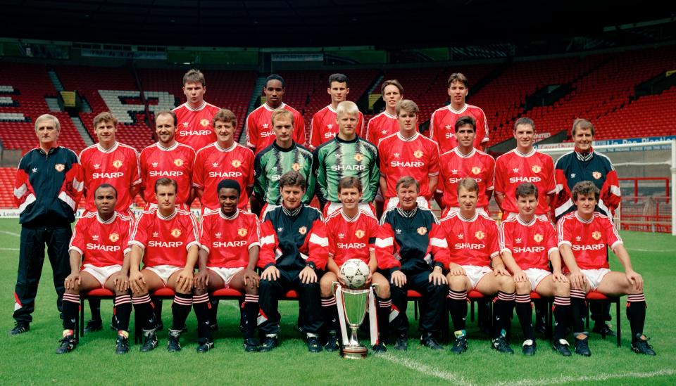  Schmeichel and the United squad in August 1991 after winning the European Cup