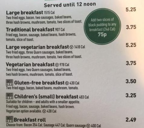  The breakfast menu shows the fry up has a whopping 1515 calories