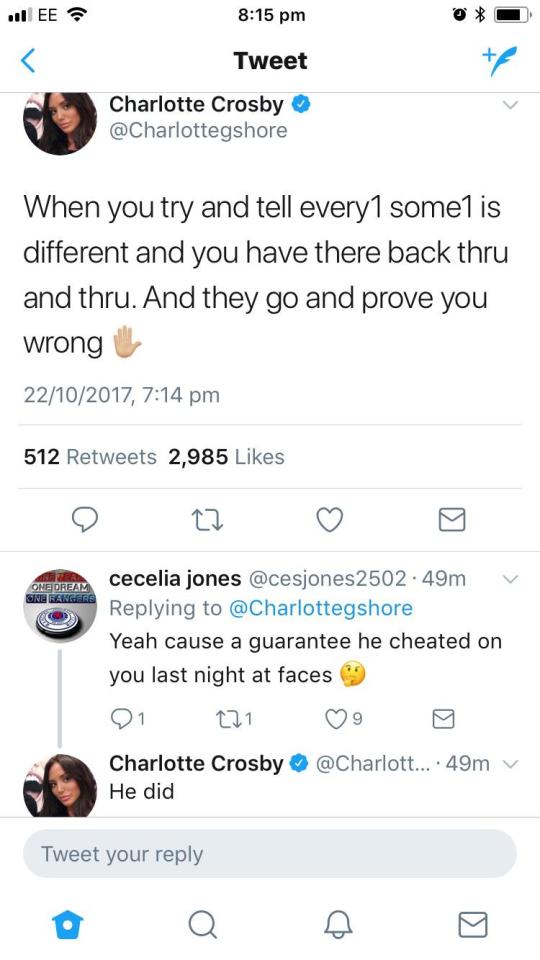  Charlotte claimed Stephen had cheated on her in Faces nightclub last night on Twitter