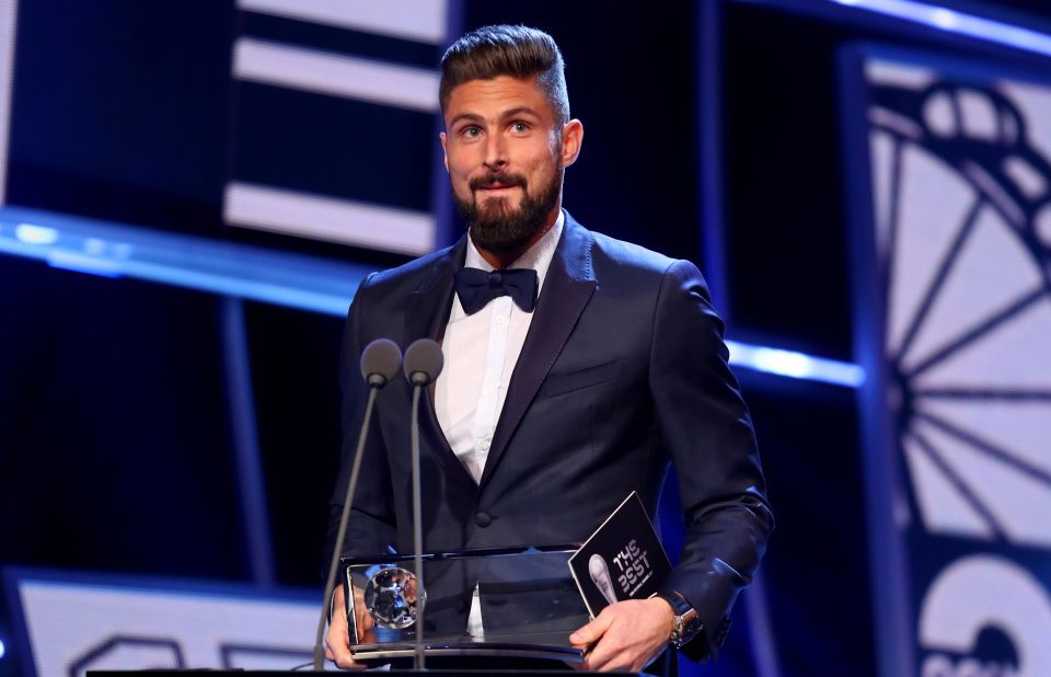 Olivier Giroud collects his award for the best goal of the year