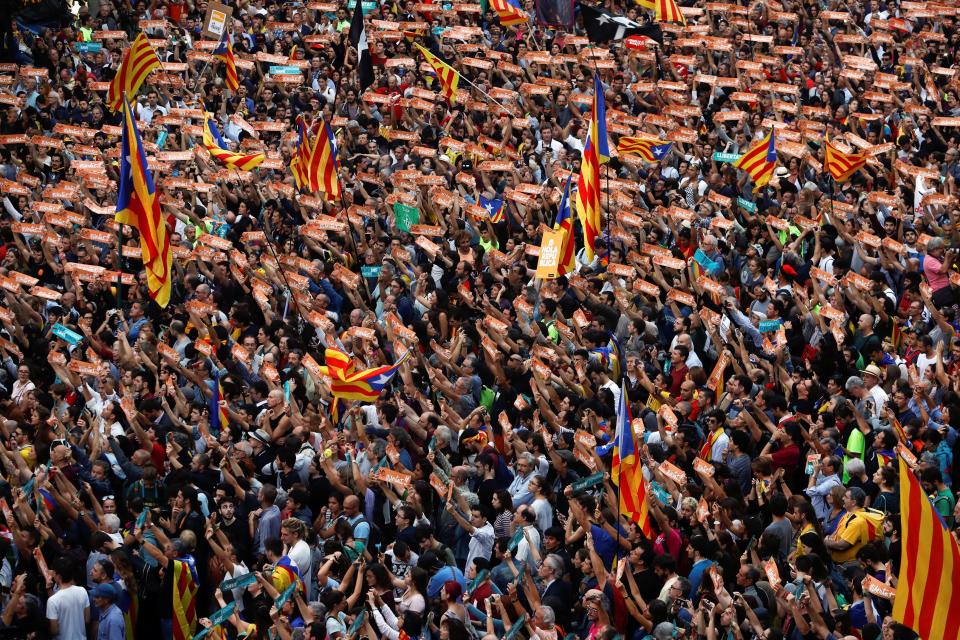  People wave Catalan separatist flags during celebrations in Sant Jaume square in Barcelona
