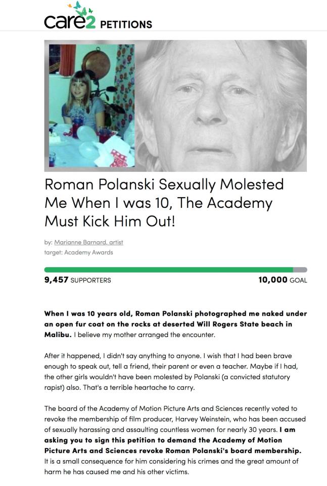  Marianne is now calling on the Academy to remove Polanski
