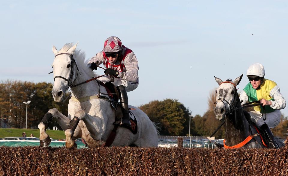  Smad Place (left) wins the Old Road Chase at Aintree from Cloudy Dream
