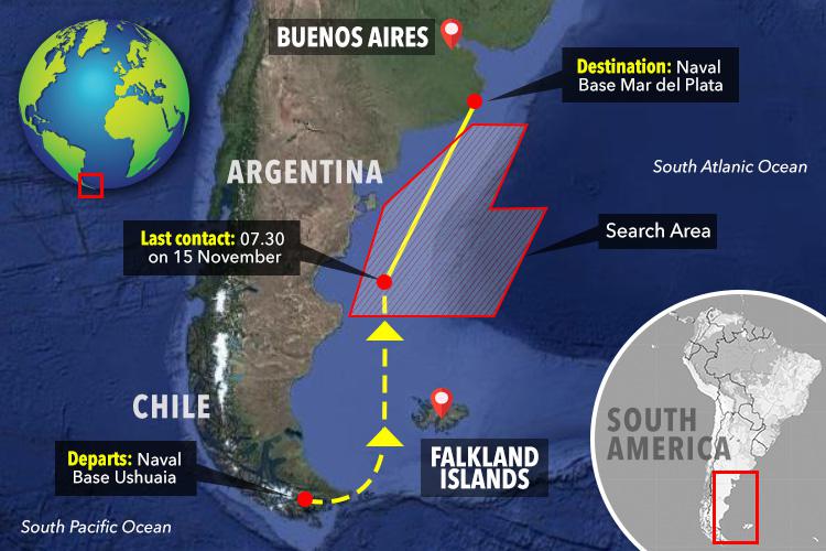 This map shows the route ARA San Juan was taking when it made its last contact with base on Wednesday, and the search area