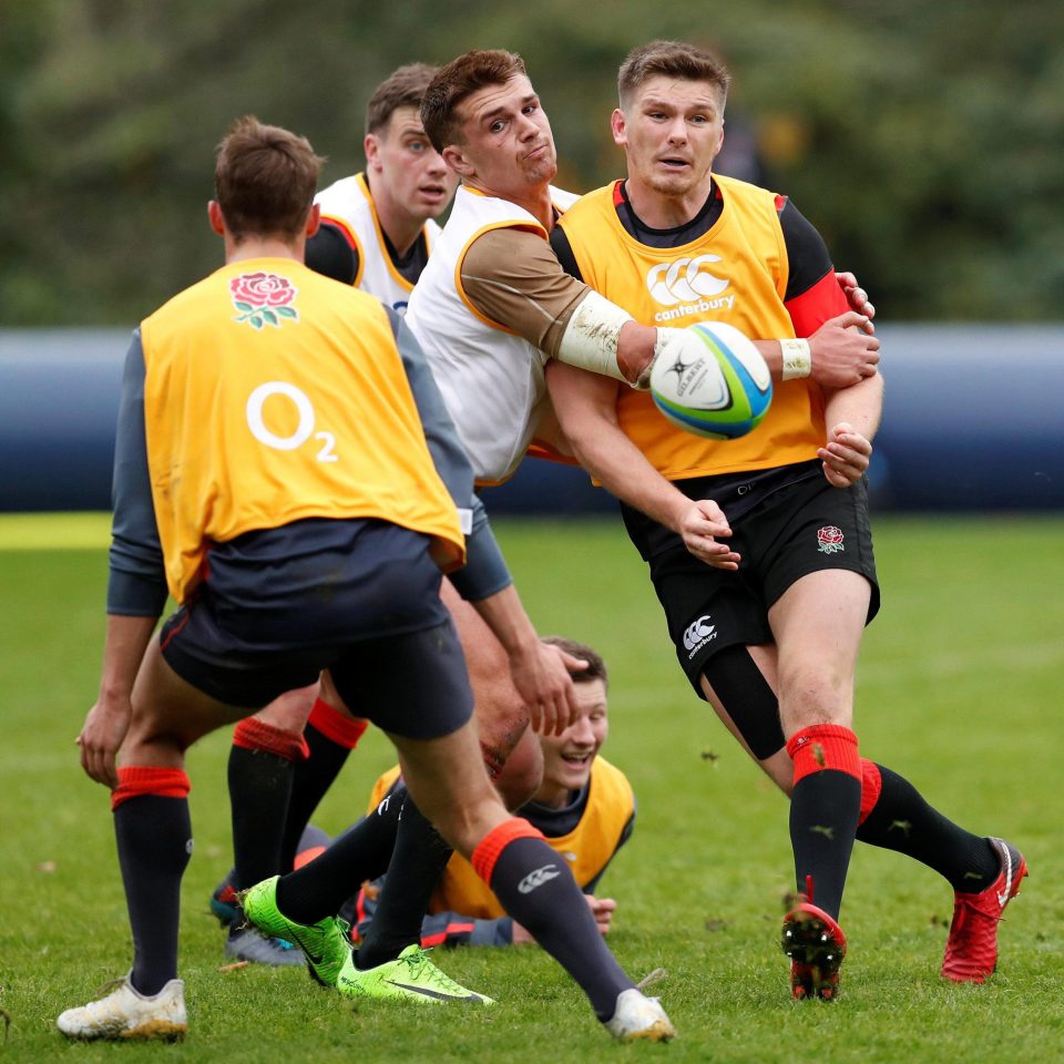 England's Henry Slade and Owen Farrell get up close in training ahead of the Oz Test