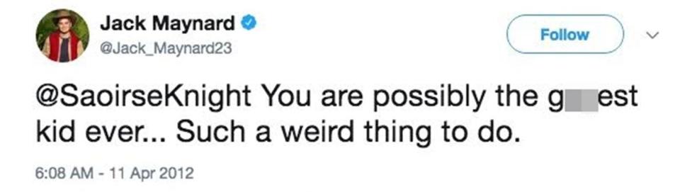One of the tweets which led to the YouTuber's removal from the jungle 