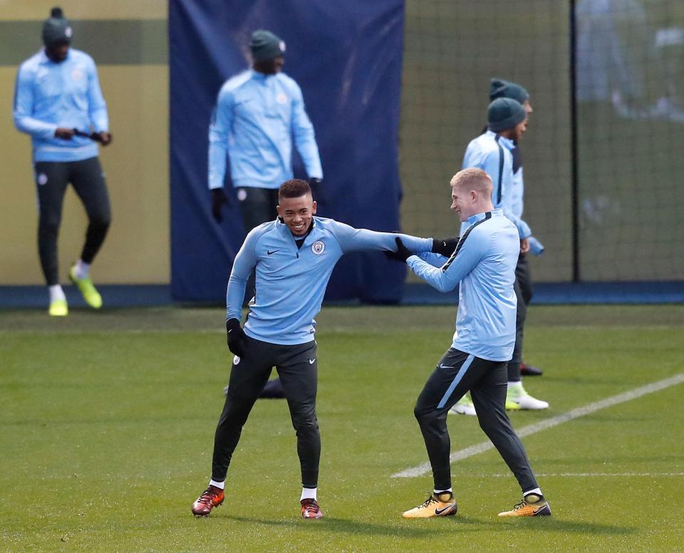 Manchester City star duo Gabriel Jesus and Kevin De Bruyne mess about in training