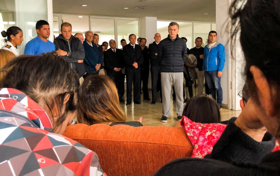 Argentina's President Mauricio Macri speaks to relatives of the 44 crew members of the ARA San Juan submarine