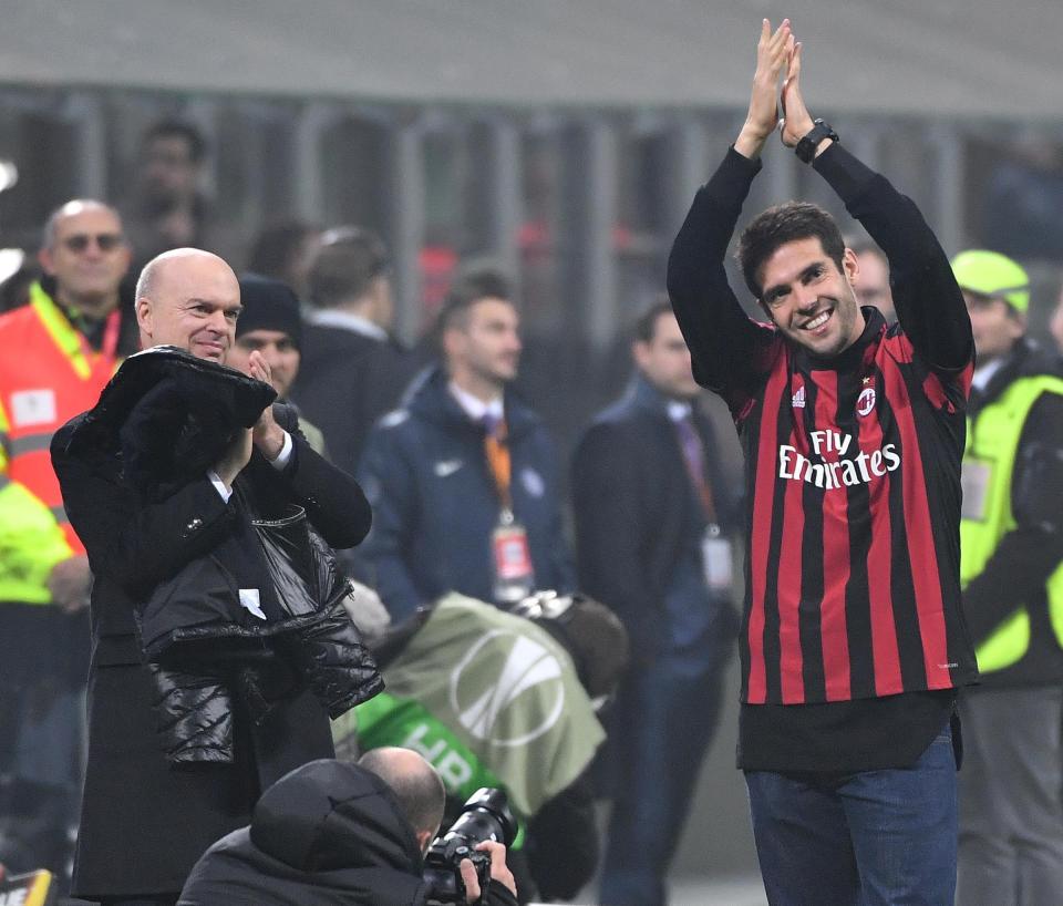 Kaka waves to San Siro crowd before AC Milan's clash with Austria Vienna