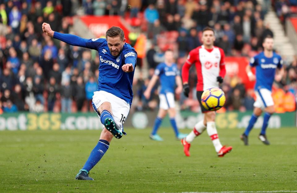Gylfie Sigurdsson whips in his long range effort to equalise for Everton