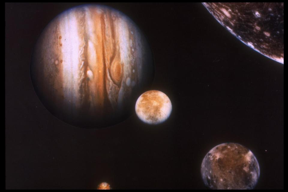  Jupiter & moons Io, Europa, Ganymede & Callisto, as depicted by Voyager spacecraft. (Photo by Time Life Pictures/NASA/The LIFE Picture Collection/Getty Images)