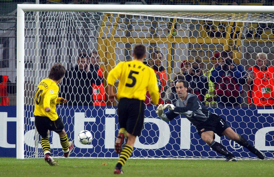 Tomas Rosicky scores against Arsenal in the Champions League in 2002