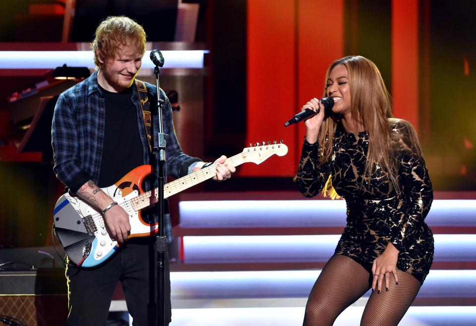Ed and Beyonce perform on stage together in 2015