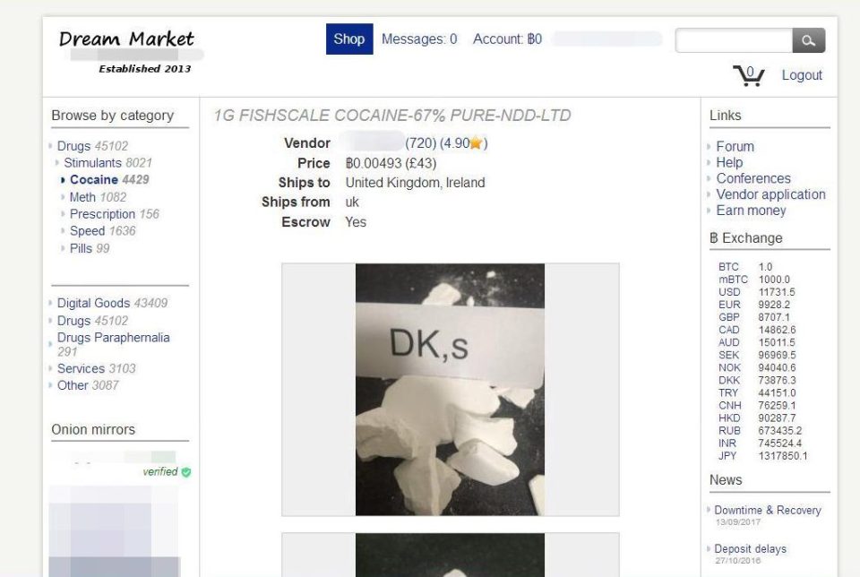 The Dream Market advertises that they can ship cocaine into the UK