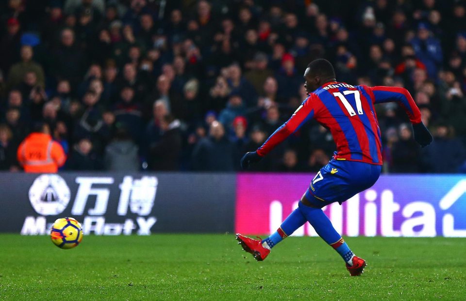 Christian Benteke takes his last-minute penalty for Crystal Palace