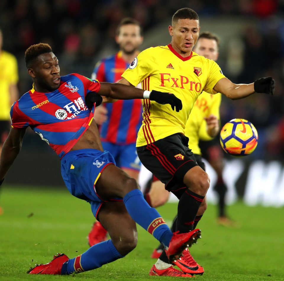 Timothy Fosu-Mensah of Crystal Palace in the thick of it with Watford winger Richarlison