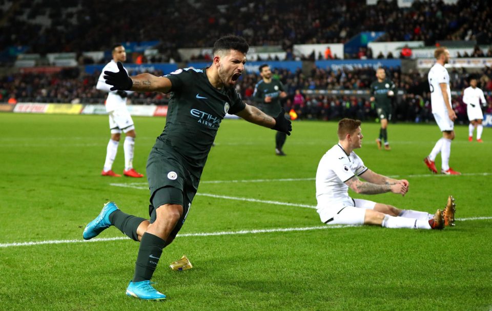  Sergio Aguero celebrates scoring against the Swans
