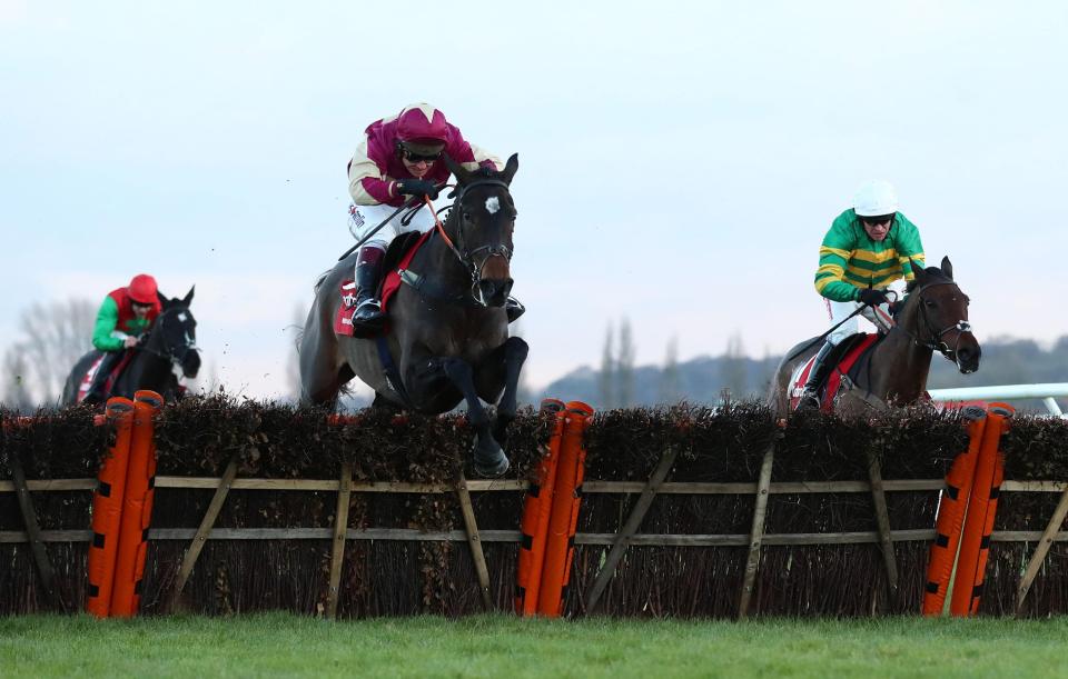  Beer Goggles (centre), ridden by Richard Johnson, causes a massive upset at Newbury