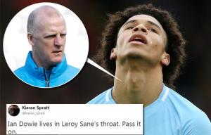 Former Crystal Palace boss Iain Dowie hilariously spotted in Leroy Sane's throat