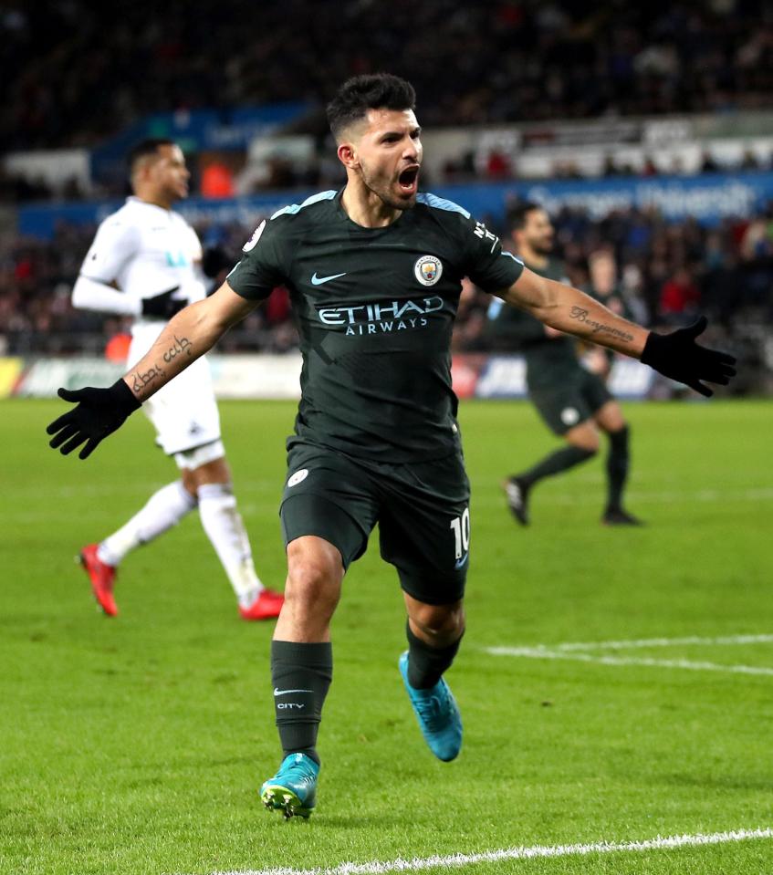  Sergio Aguero celebrates after scoring the fourth against the Swans