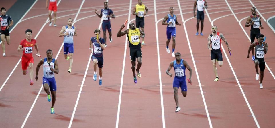  A hamstring injury ruined Bolt's last chance at a gold medal at the World Championships where he was forced to stop in the final leg of the relay