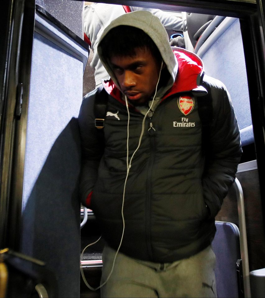 Alex Iwobi arrives at Stamford Bridge for Arsenal's clash with Chelsea