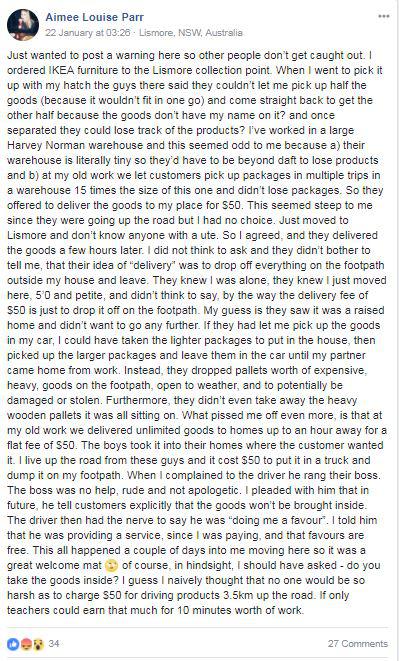 Aimee penned a furious Facebook post warning others about the service after claiming a driver dumped her order on her lawn