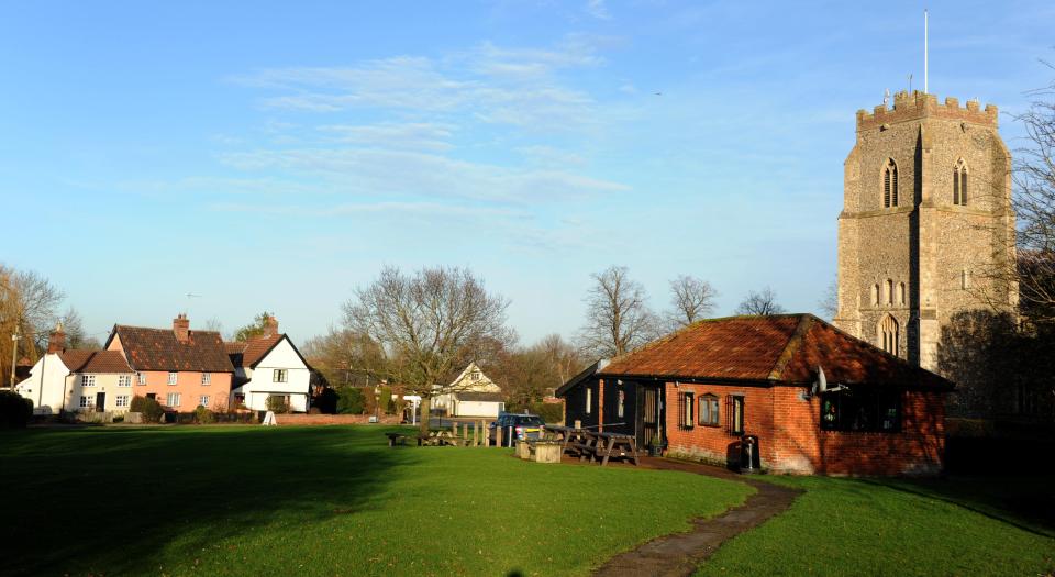  A church stands overlooking the village green