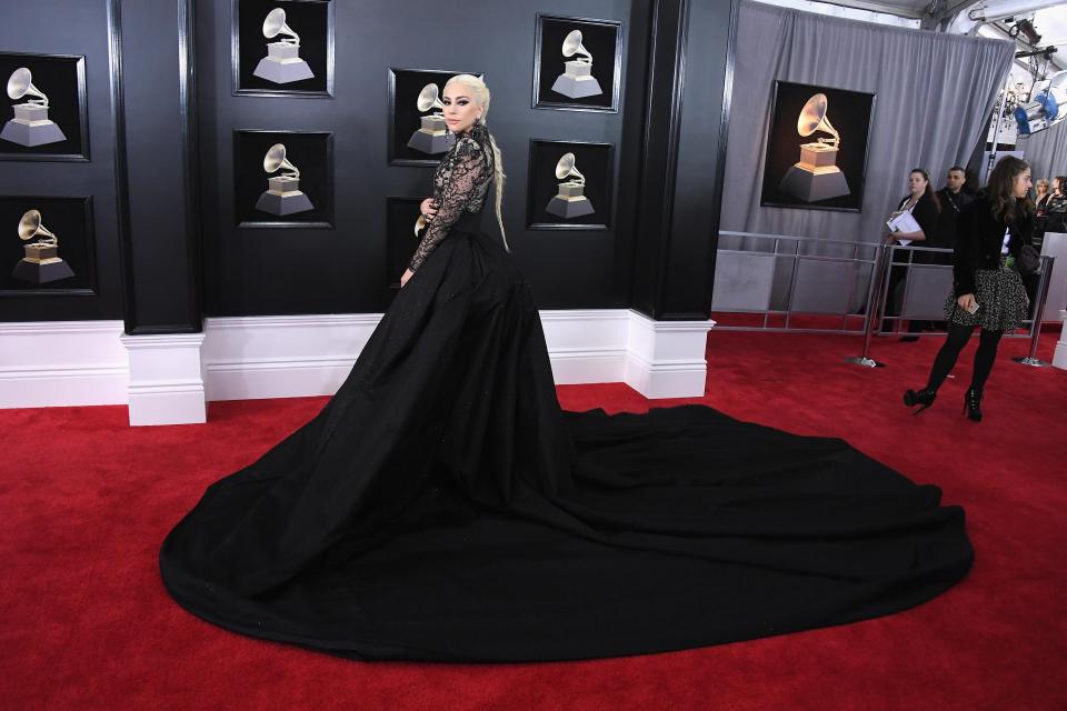 Lady Gaga sporting a black Armani number at the 60th Annual Grammy Awards