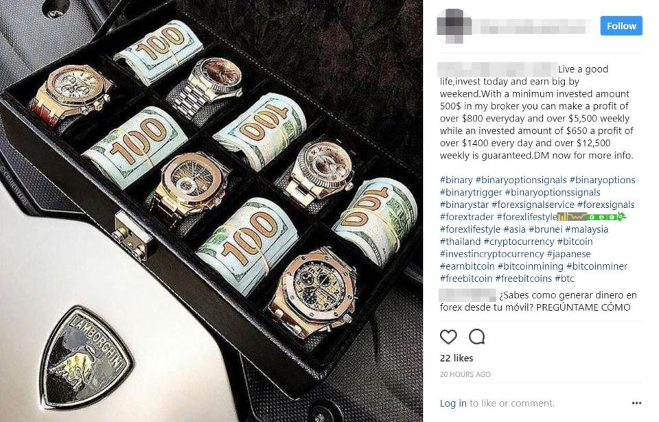 An example of a binary option scam from Facebook