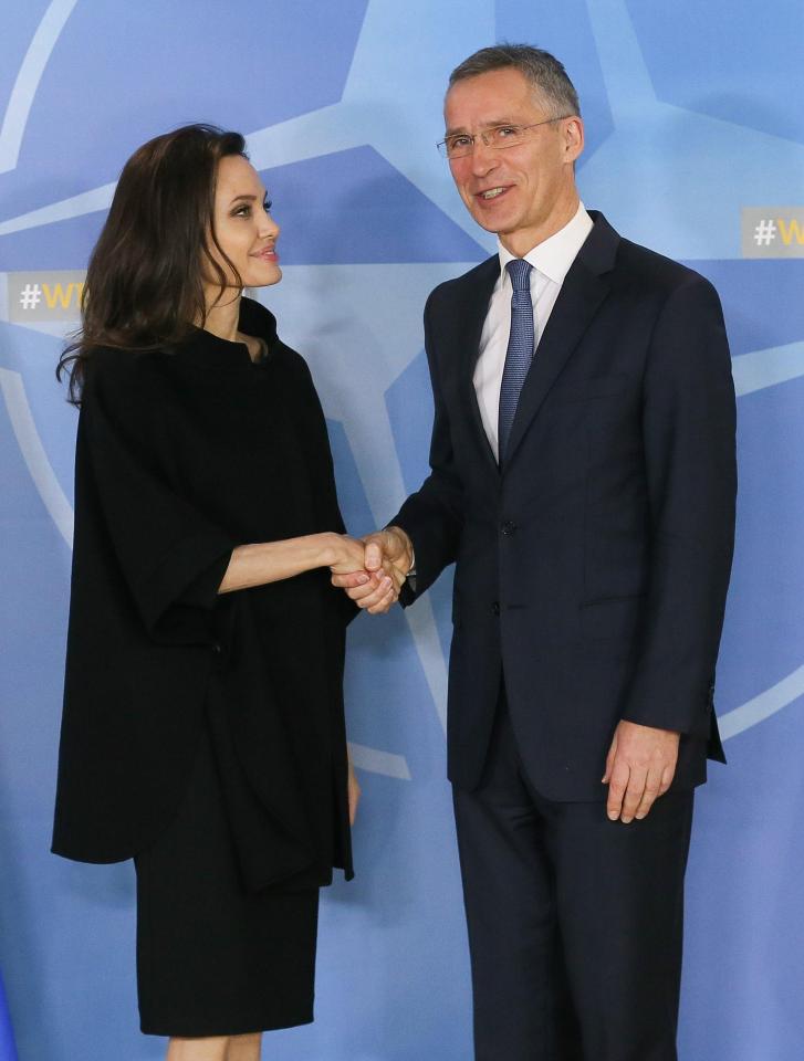 NATO Secretary General Jens Stoltenberg earlier welcomes Angelina Jolie