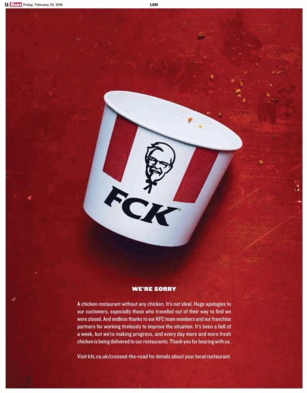KFC apology advert in Sun newspaper