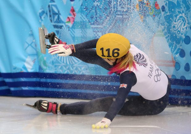 Elise Christie crashes out in the semi final of the 1000m short track speed skating during the 2014 Sochi Olympic Games